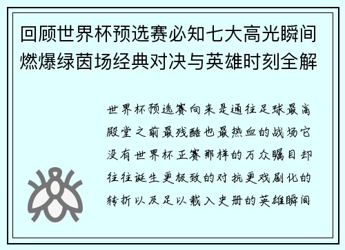 回顾世界杯预选赛必知七大高光瞬间燃爆绿茵场经典对决与英雄时刻全解析 回顾世界杯预选赛必知七大高光瞬间燃爆绿茵场经典对决与英雄时刻全解析